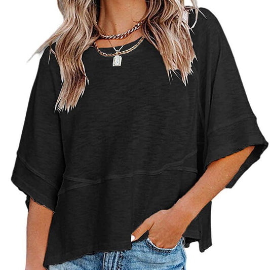 Camiseta lisa combinada con mangas acampanadas tres cuartos de corte holgado