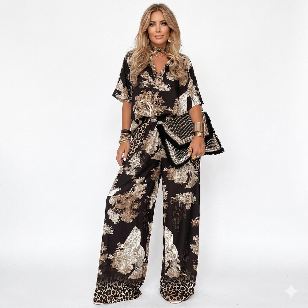 Conjunto de mujer con estampado: top con cuello en V y pantalón largo