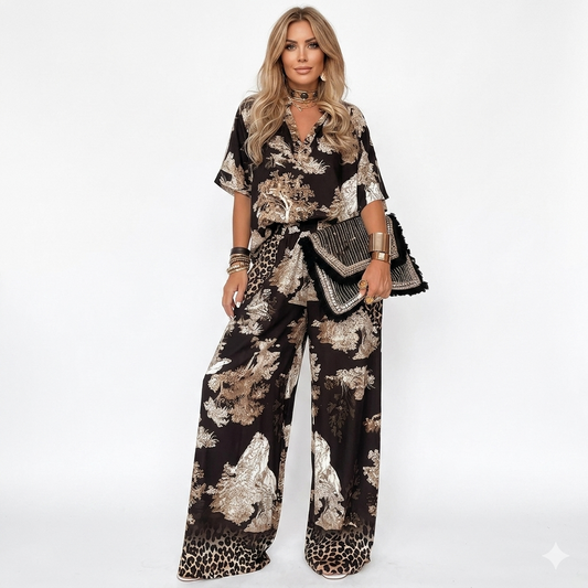 Conjunto de mujer con estampado: top con cuello en V y pantalón largo