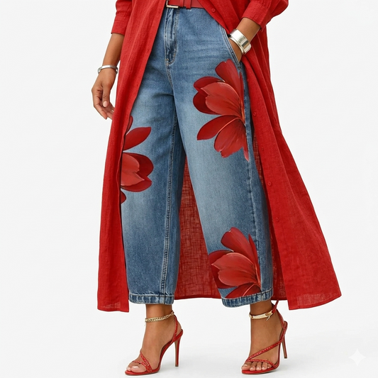 Jeans anchos para mujer con apliques florales artísticos
