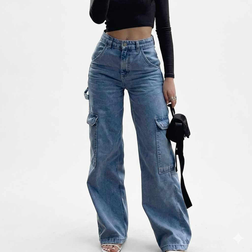 Vaqueros cargo de mujer de denim: corte ancho, cintura alta, muchos bolsillos, tejido elástico
