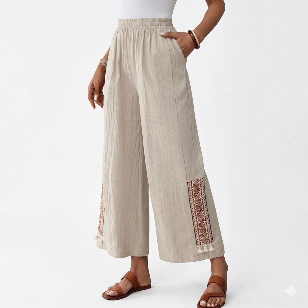 Pantalones anchos de mujer con cintura elástica y detalles de flecos