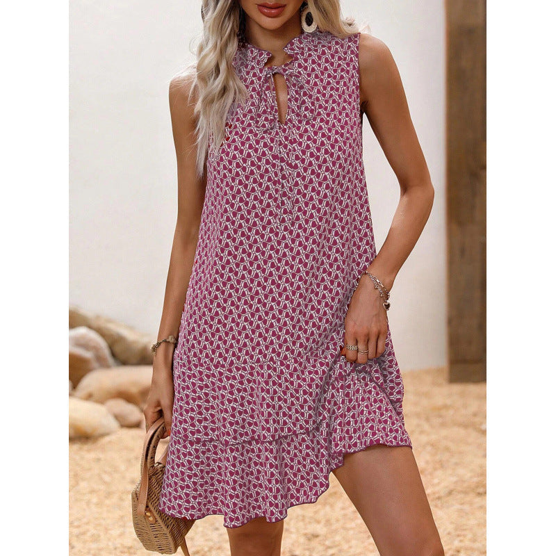 Vestido de mujer con lazo y estampado geométrico