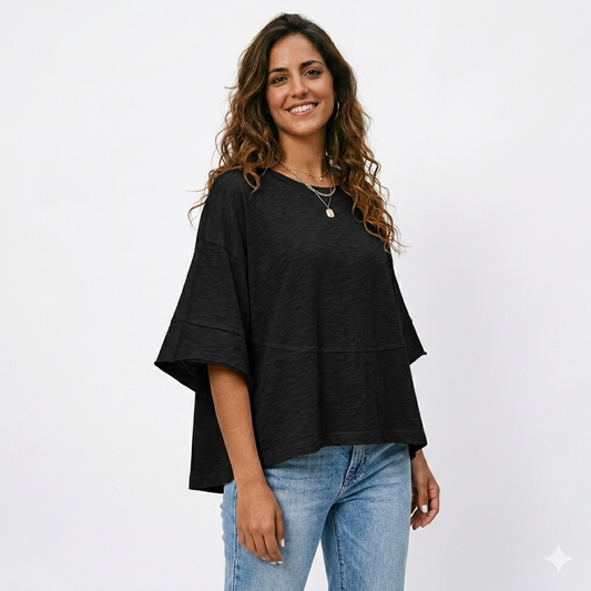 Camiseta lisa combinada con mangas acampanadas tres cuartos de corte holgado
