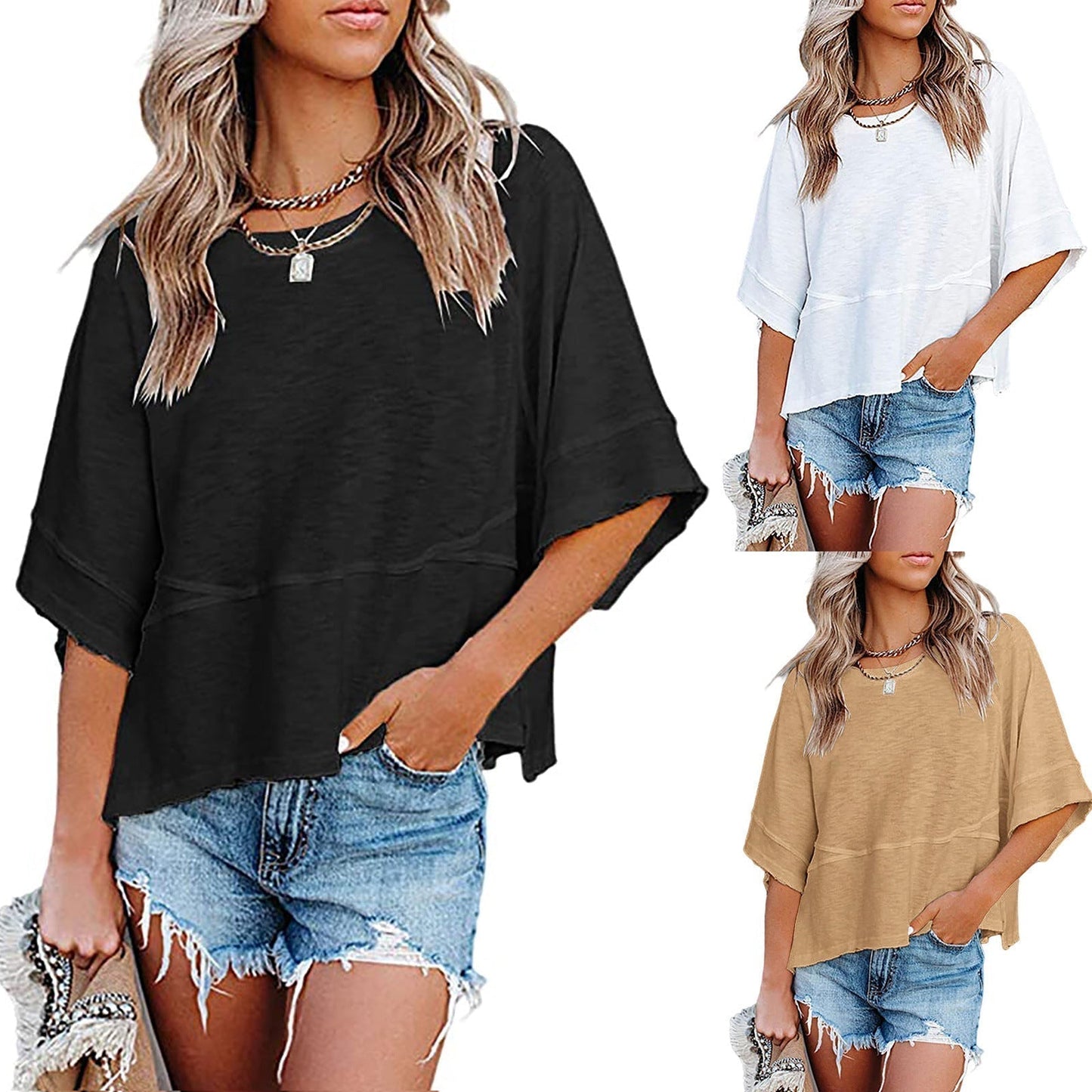 Camiseta lisa combinada con mangas acampanadas tres cuartos de corte holgado