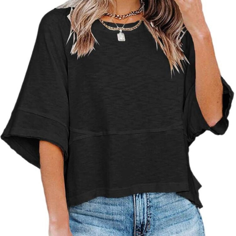 Camiseta lisa combinada con mangas acampanadas tres cuartos de corte holgado