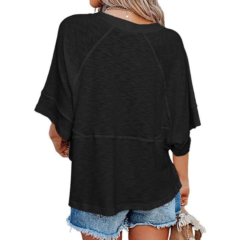 Camiseta lisa combinada con mangas acampanadas tres cuartos de corte holgado
