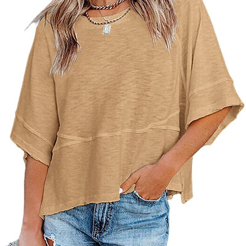 Camiseta lisa combinada con mangas acampanadas tres cuartos de corte holgado
