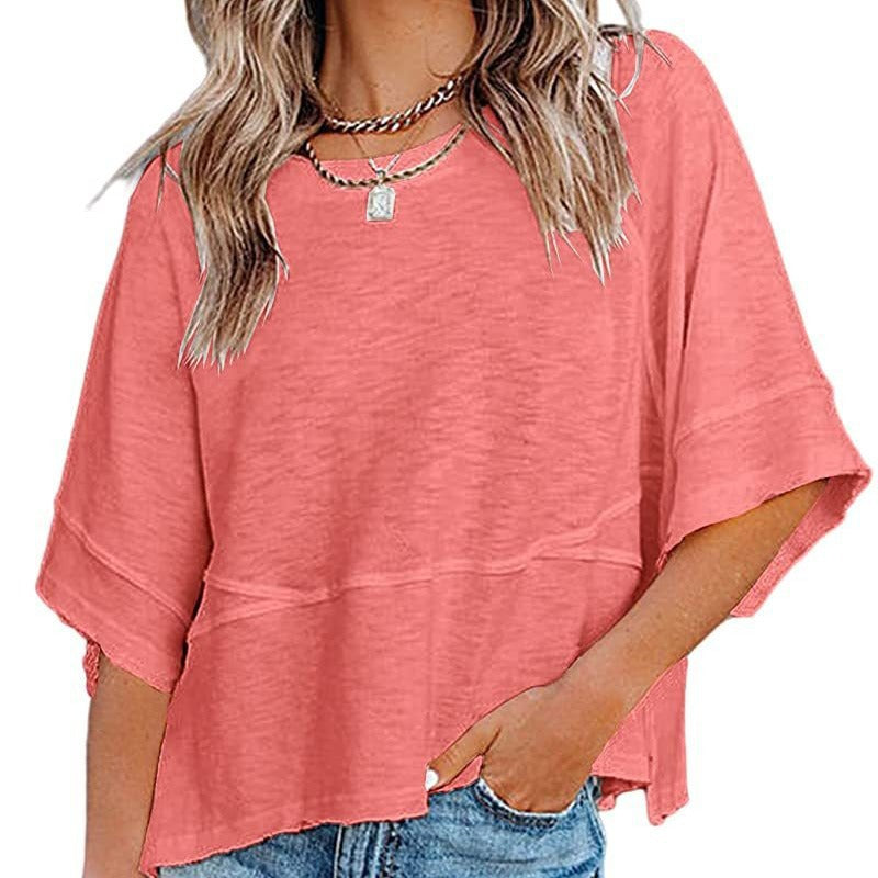 Camiseta lisa combinada con mangas acampanadas tres cuartos de corte holgado