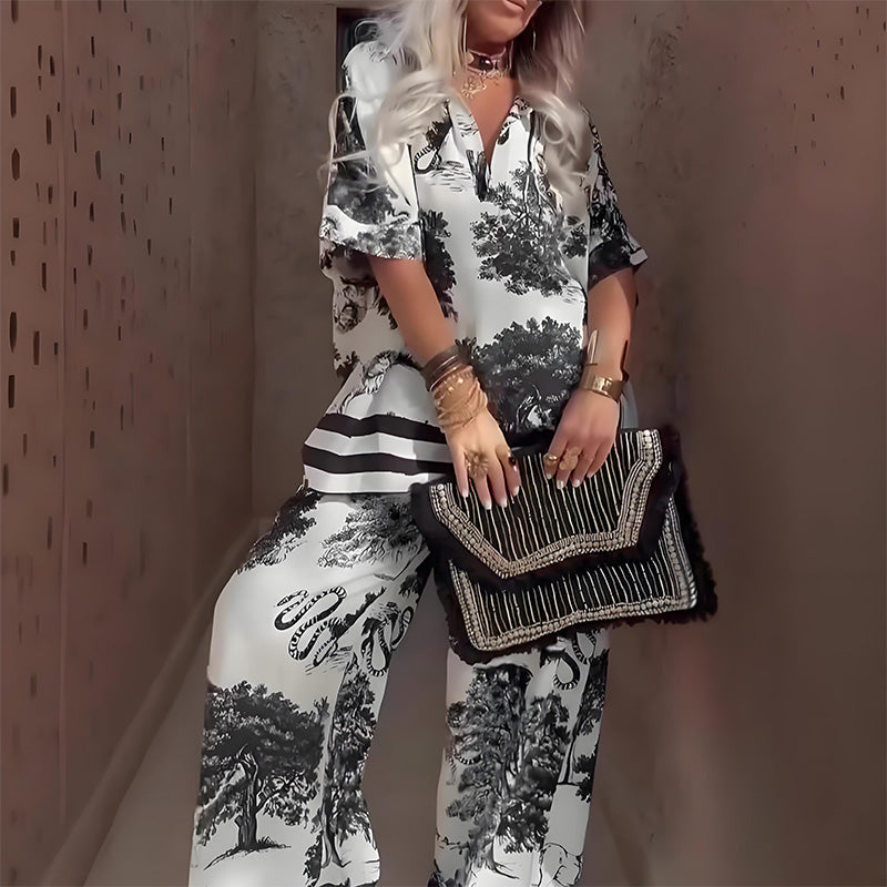 Conjunto de mujer con estampado: top con cuello en V y pantalón largo