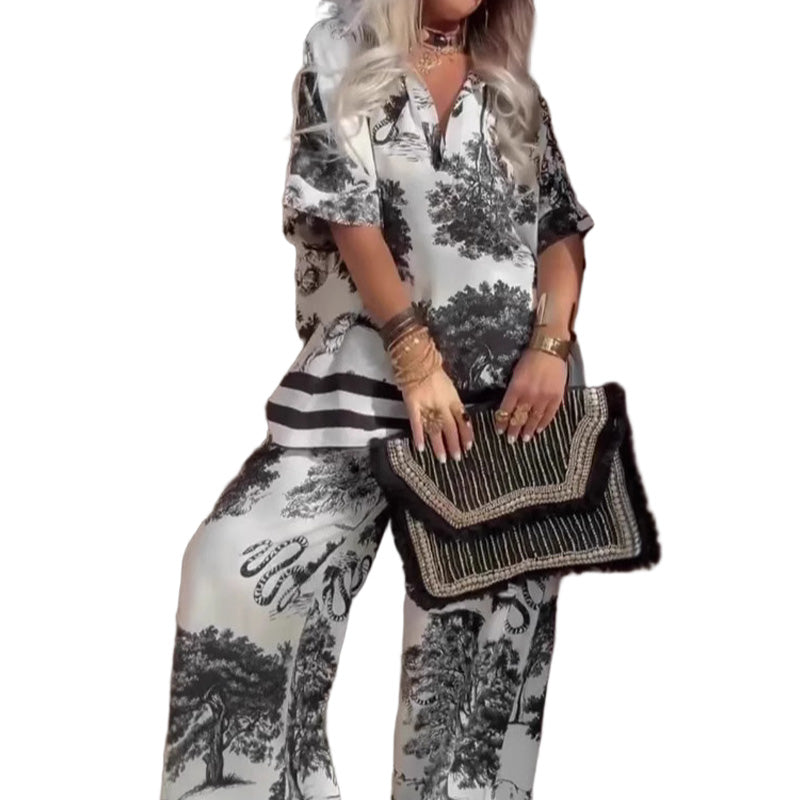 Conjunto de mujer con estampado: top con cuello en V y pantalón largo