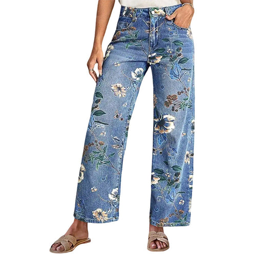 Jeans de mujer de pierna recta con estampado de flores