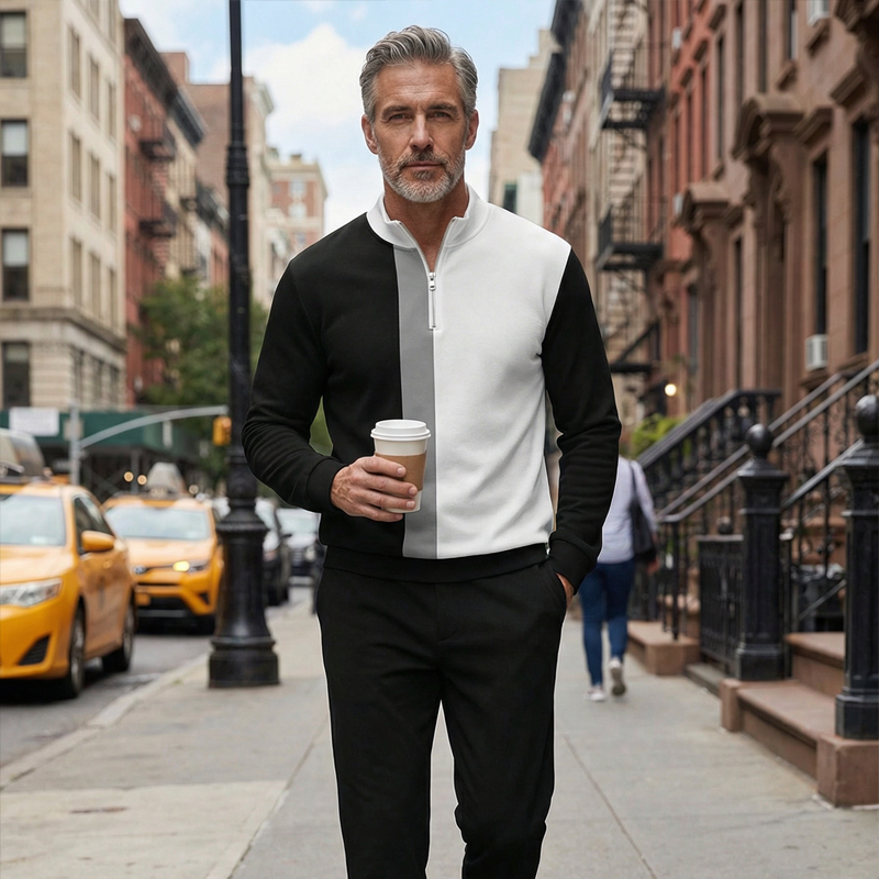 Conjunto de chándal para hombre con bloques de color y cremallera de un cuarto: diseño elegante, corte cómodo y perfecto