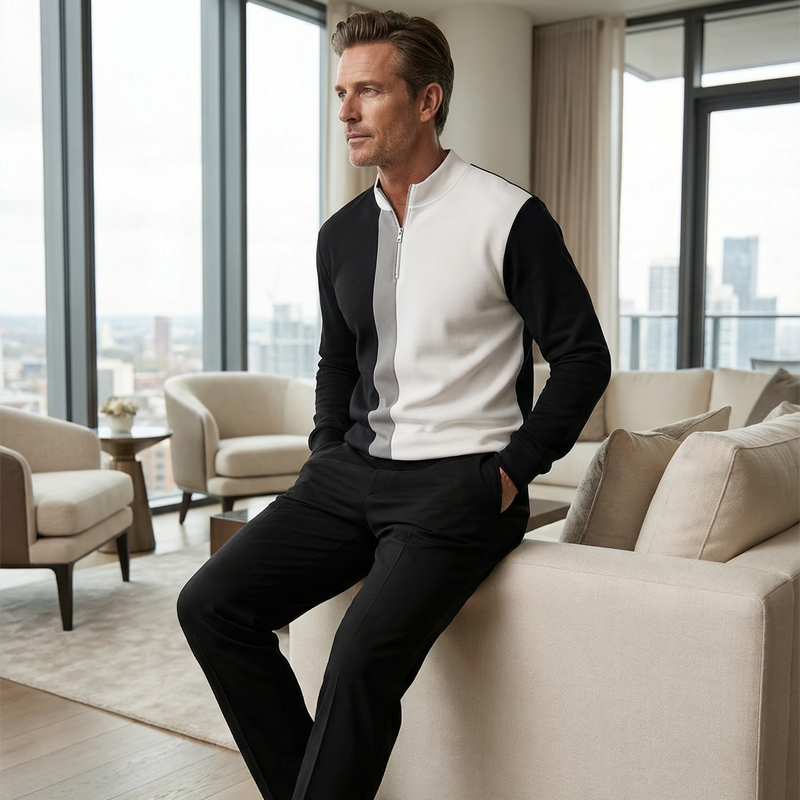 Conjunto de chándal para hombre con bloques de color y cremallera de un cuarto: diseño elegante, corte cómodo y perfecto