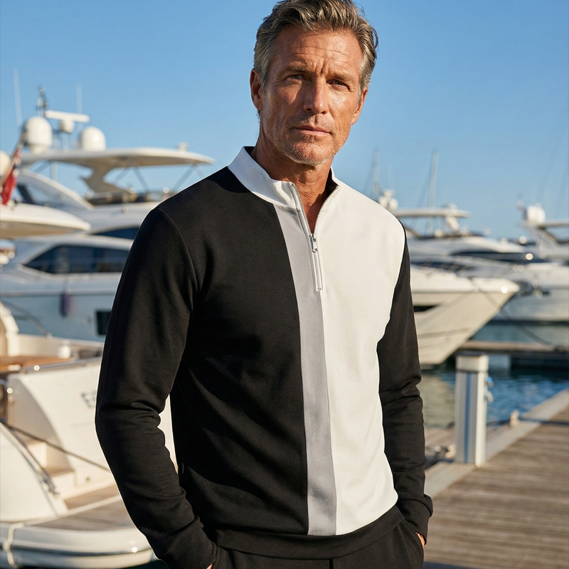 Conjunto de chándal para hombre con bloques de color y cremallera de un cuarto: diseño elegante, corte cómodo y perfecto