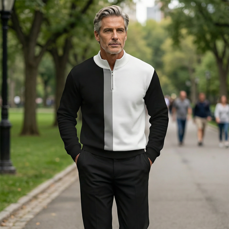 Conjunto de chándal para hombre con bloques de color y cremallera de un cuarto: diseño elegante, corte cómodo y perfecto