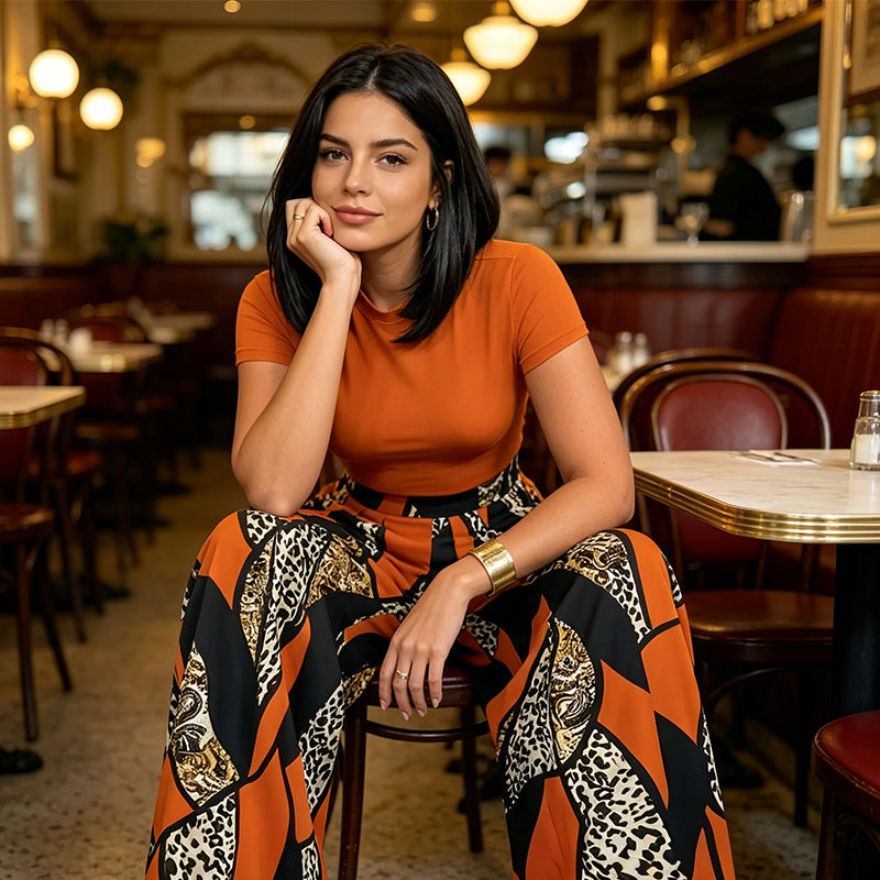 Conjunto de dos piezas para mujer: top y pantalones de pierna ancha