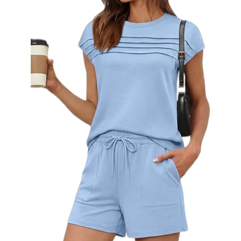 Conjunto de dos piezas para mujer: camiseta con pinzas y pantalones con cordones