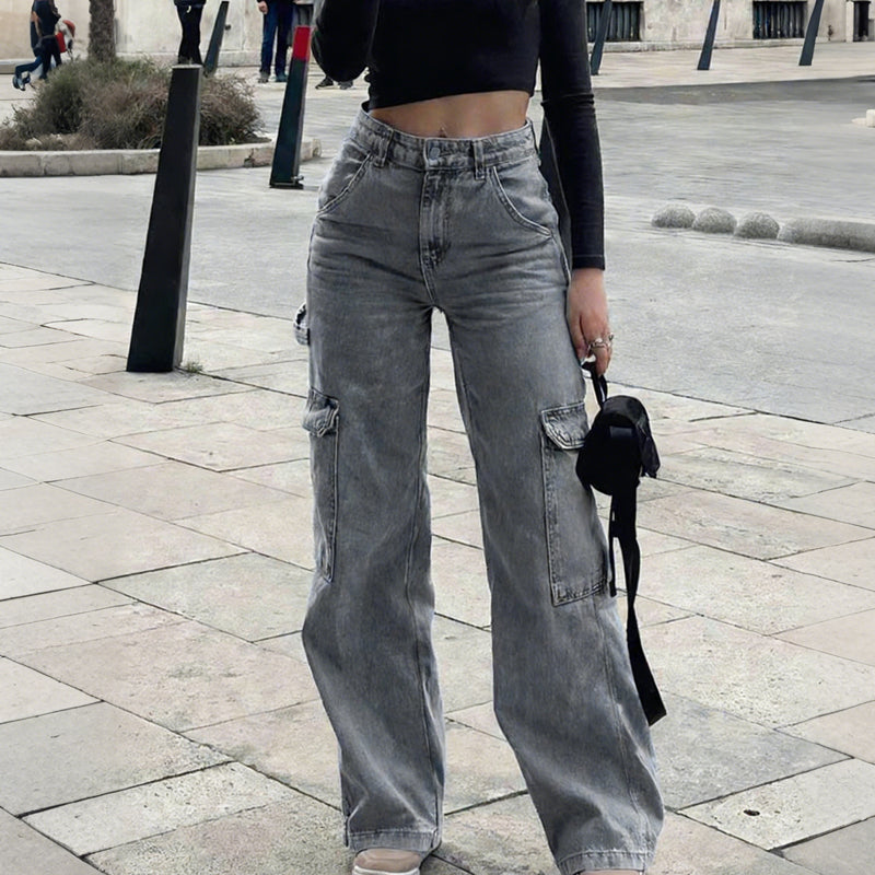 Vaqueros cargo de mujer de denim: corte ancho, cintura alta, muchos bolsillos, tejido elástico
