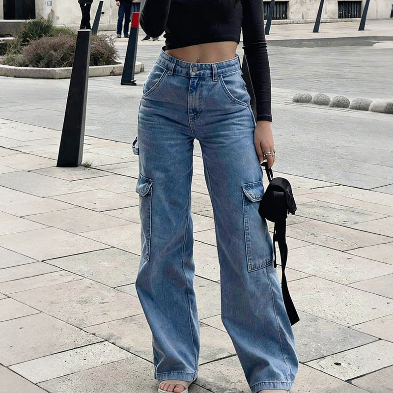 Vaqueros cargo de mujer de denim: corte ancho, cintura alta, muchos bolsillos, tejido elástico