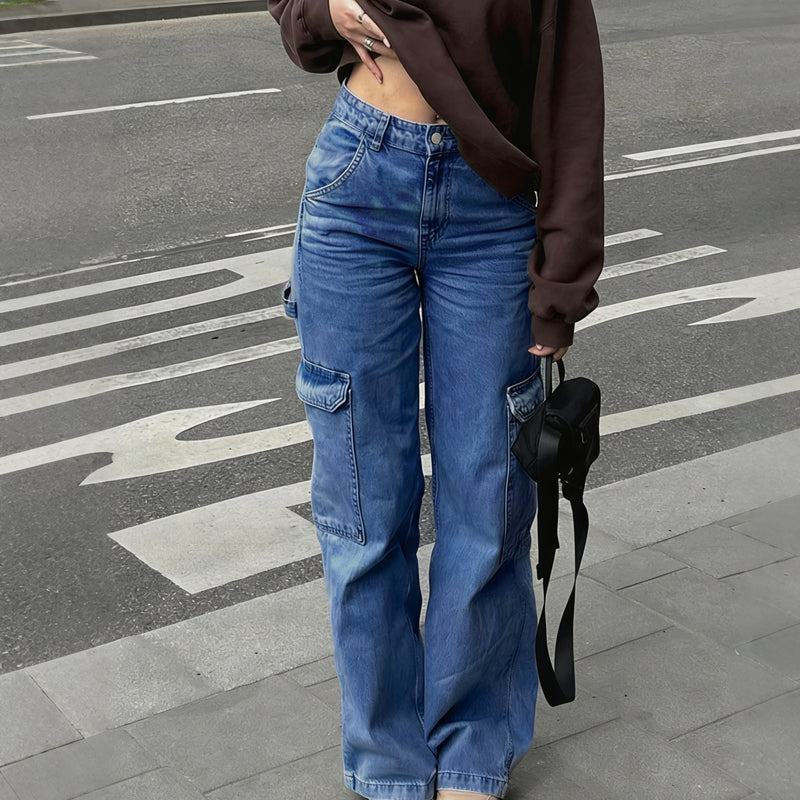 Vaqueros cargo de mujer de denim: corte ancho, cintura alta, muchos bolsillos, tejido elástico