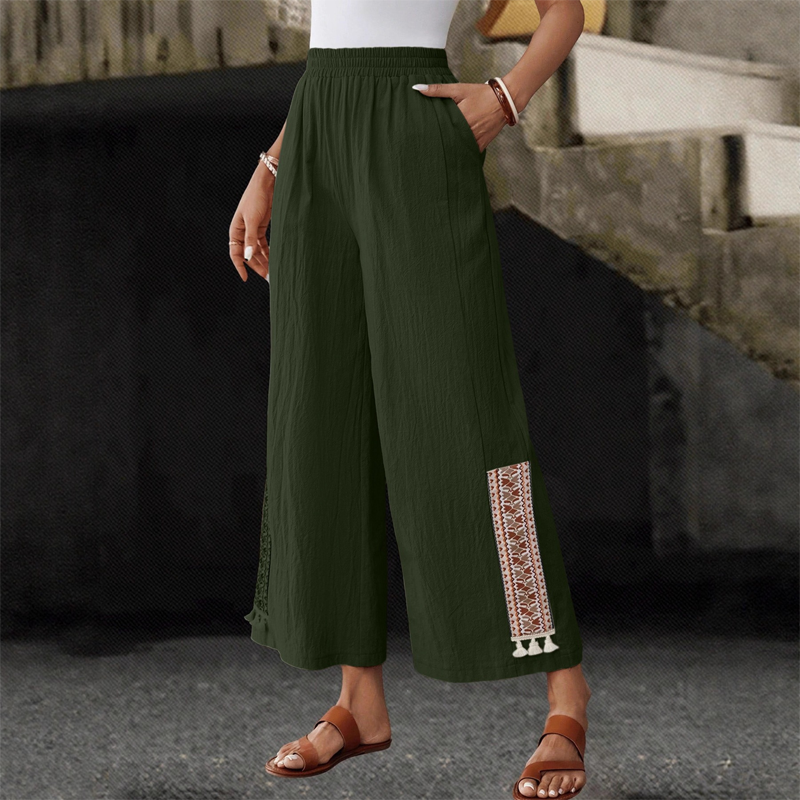 Pantalones anchos de mujer con cintura elástica y detalles de flecos