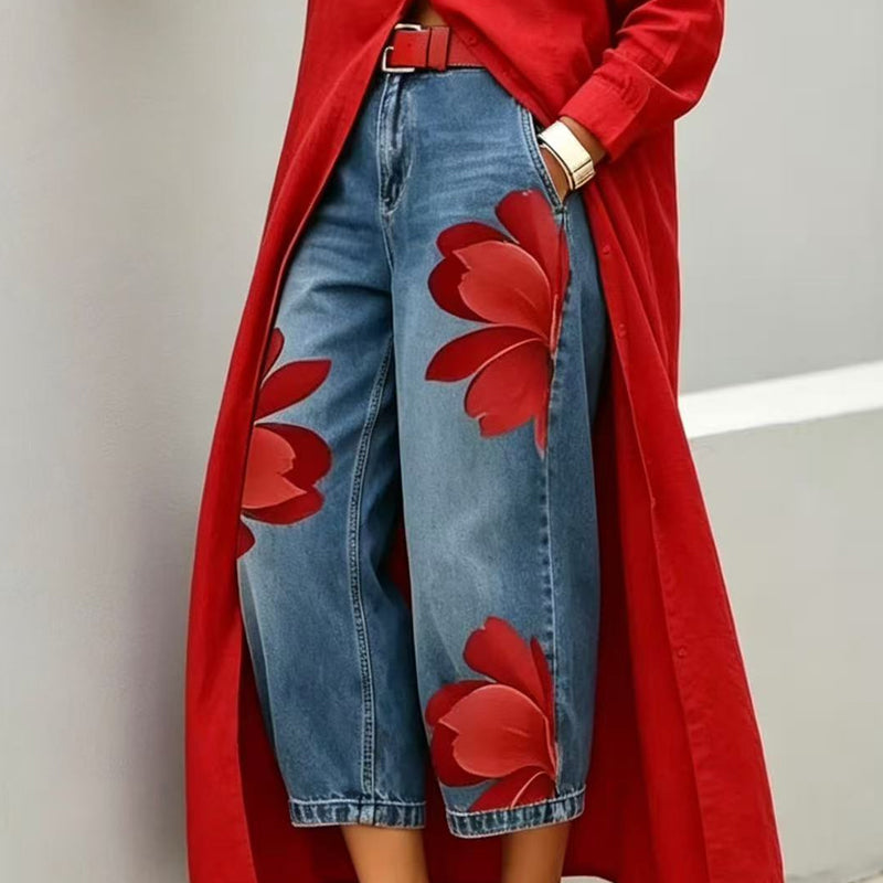 Jeans anchos para mujer con apliques florales artísticos