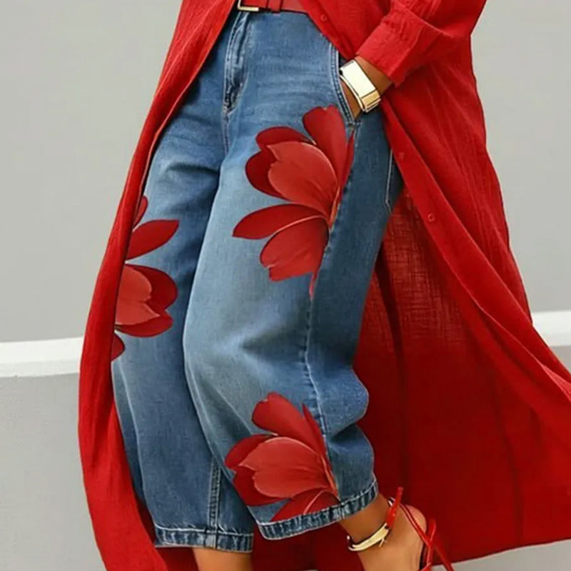 Jeans anchos para mujer con apliques florales artísticos