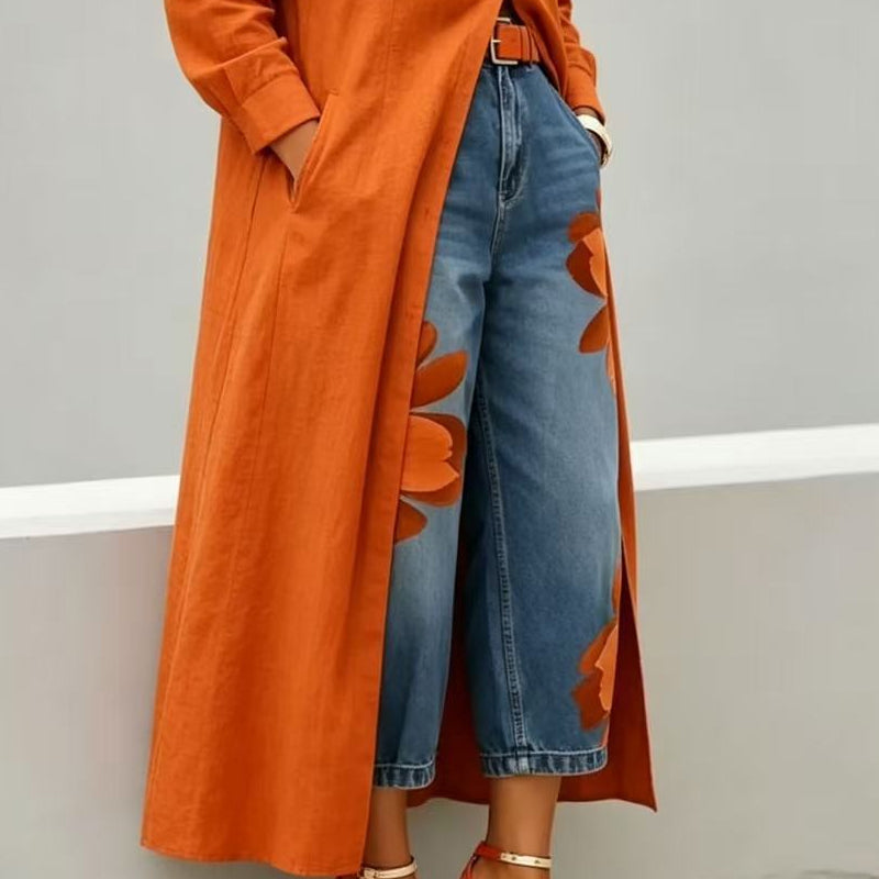 Jeans anchos para mujer con apliques florales artísticos