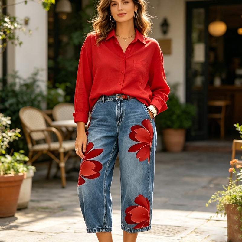 Jeans anchos para mujer con apliques florales artísticos