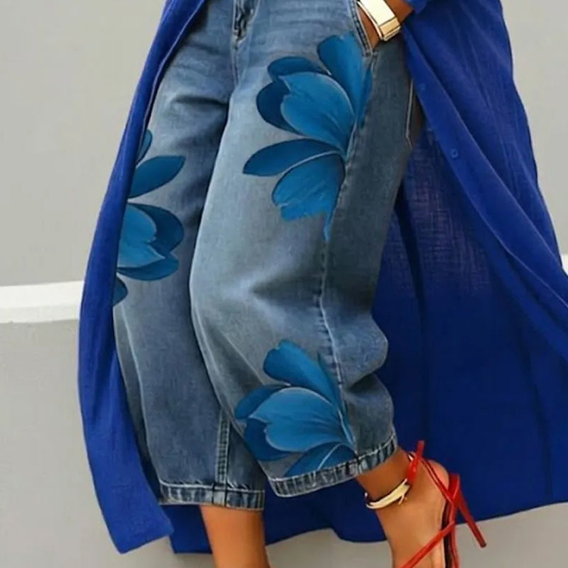 Jeans anchos para mujer con apliques florales artísticos