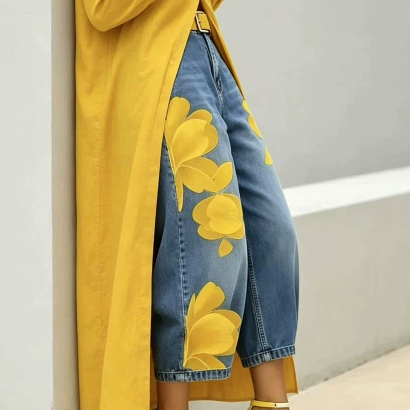 Jeans anchos para mujer con apliques florales artísticos