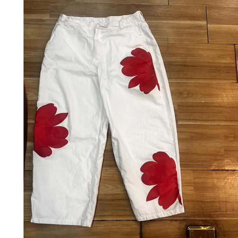 Jeans anchos para mujer con apliques florales artísticos