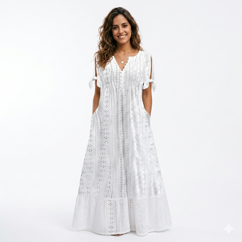 Elegante vestido de mujer con cuello en V y detalles calados