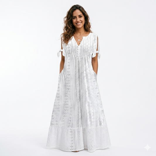 Elegante vestido de mujer con cuello en V y detalles calados